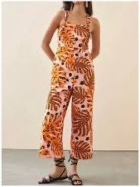 FARM Rio Pink and Orange Tropical-Leaf Wide-Leg Jumpsuit
